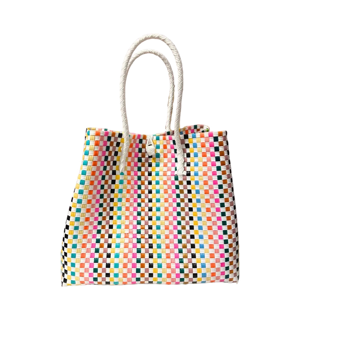 Colorful woven bag with a white background