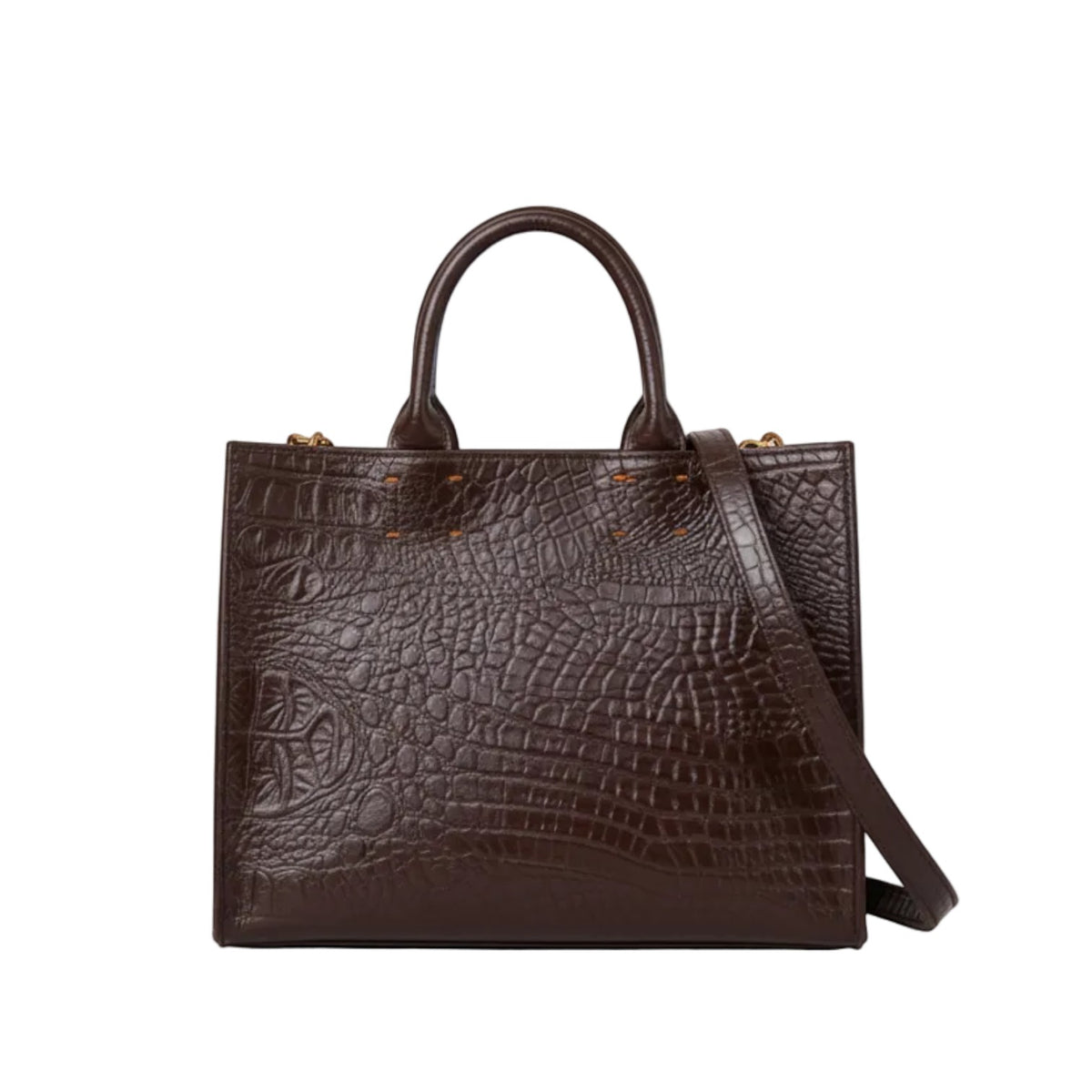 Shop Sarah Stewart Adelaide handbag in dark brown embossed goat skin leather with a detachable crossbody strap.