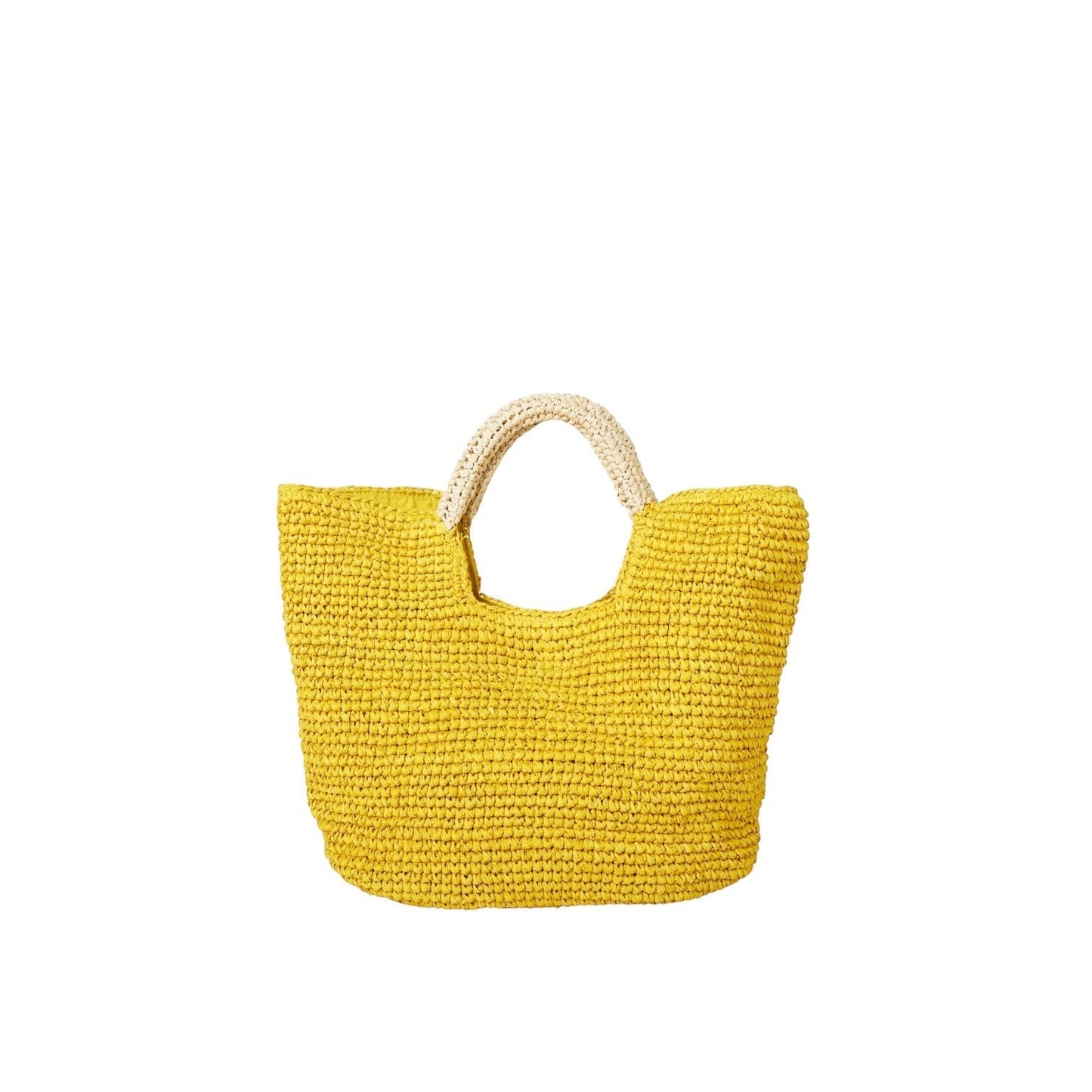 Shop Sarah Stewart The Opal yellow raffia tote bag with cotton lining, interior pocket, and snap closure.