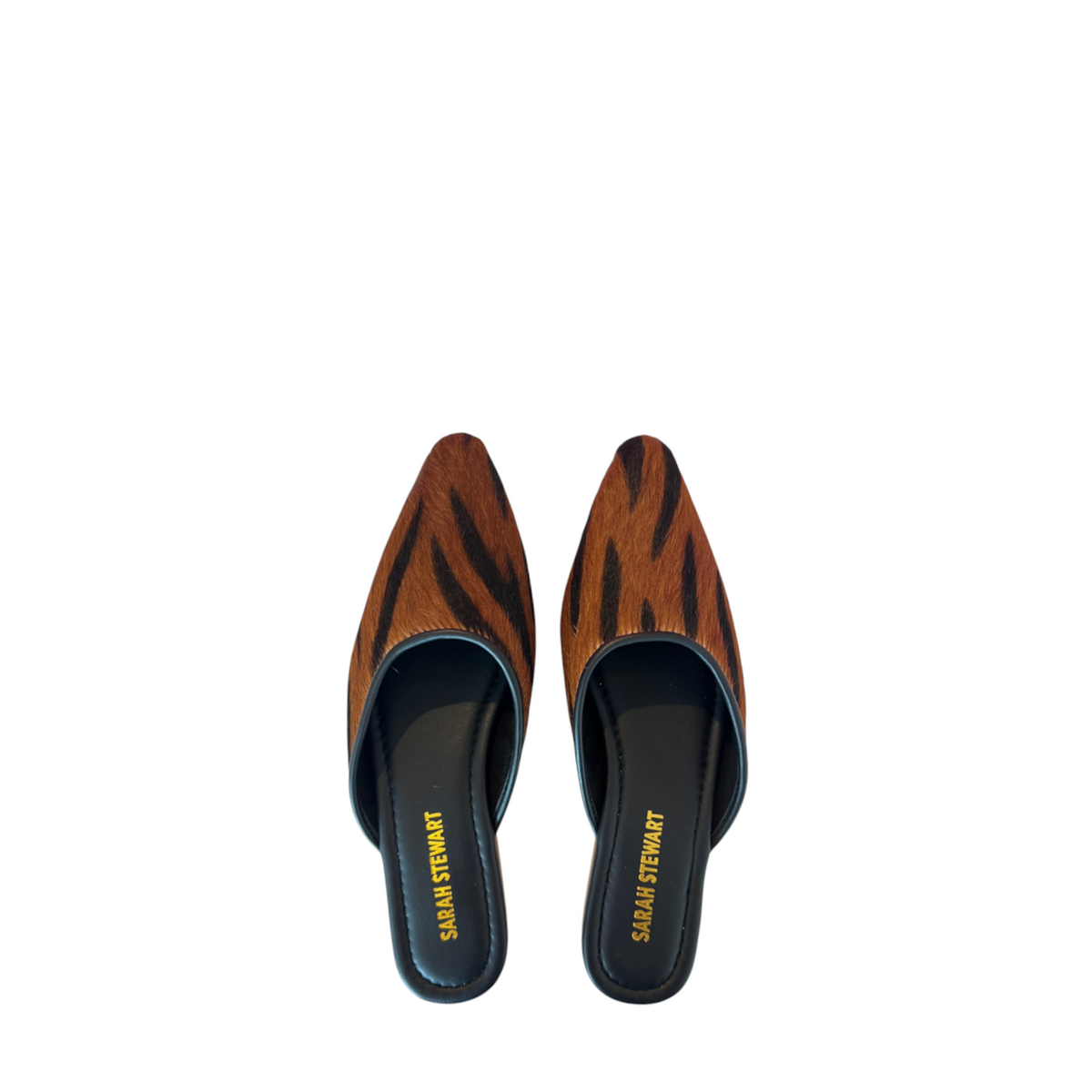 Shop Sarah Stewart Mabrey pointed-toe mules in tiger-print calf hair leather with black trim