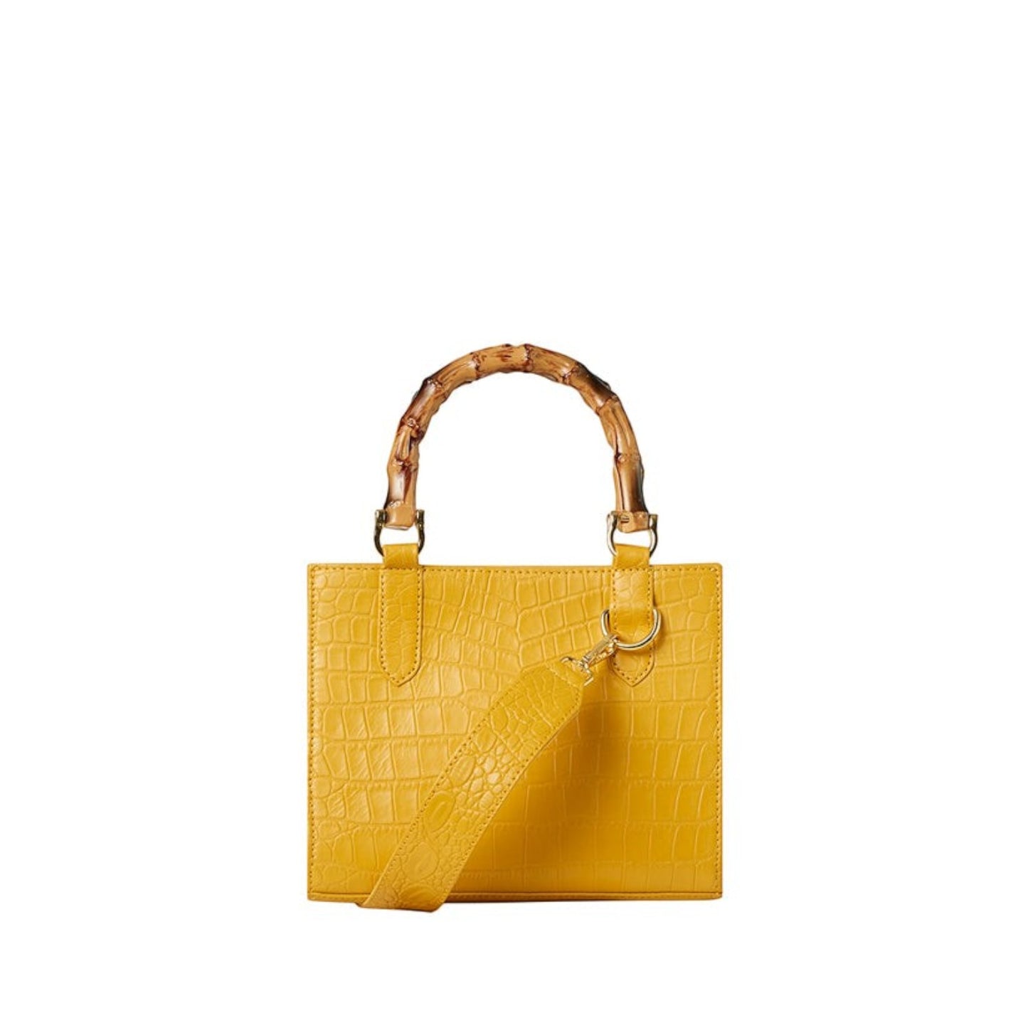 Shop Sarah Stewart Clara mini handbag in yellow goat skin with crocodile texture, bamboo handles, and gold hardware.