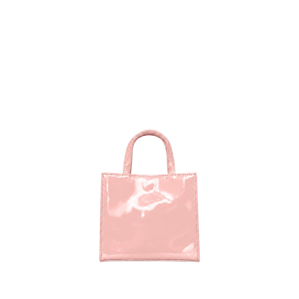 Shop Sarah Stewart Addie mini handbag in glossy light pink patent leather with a structured square silhouette.