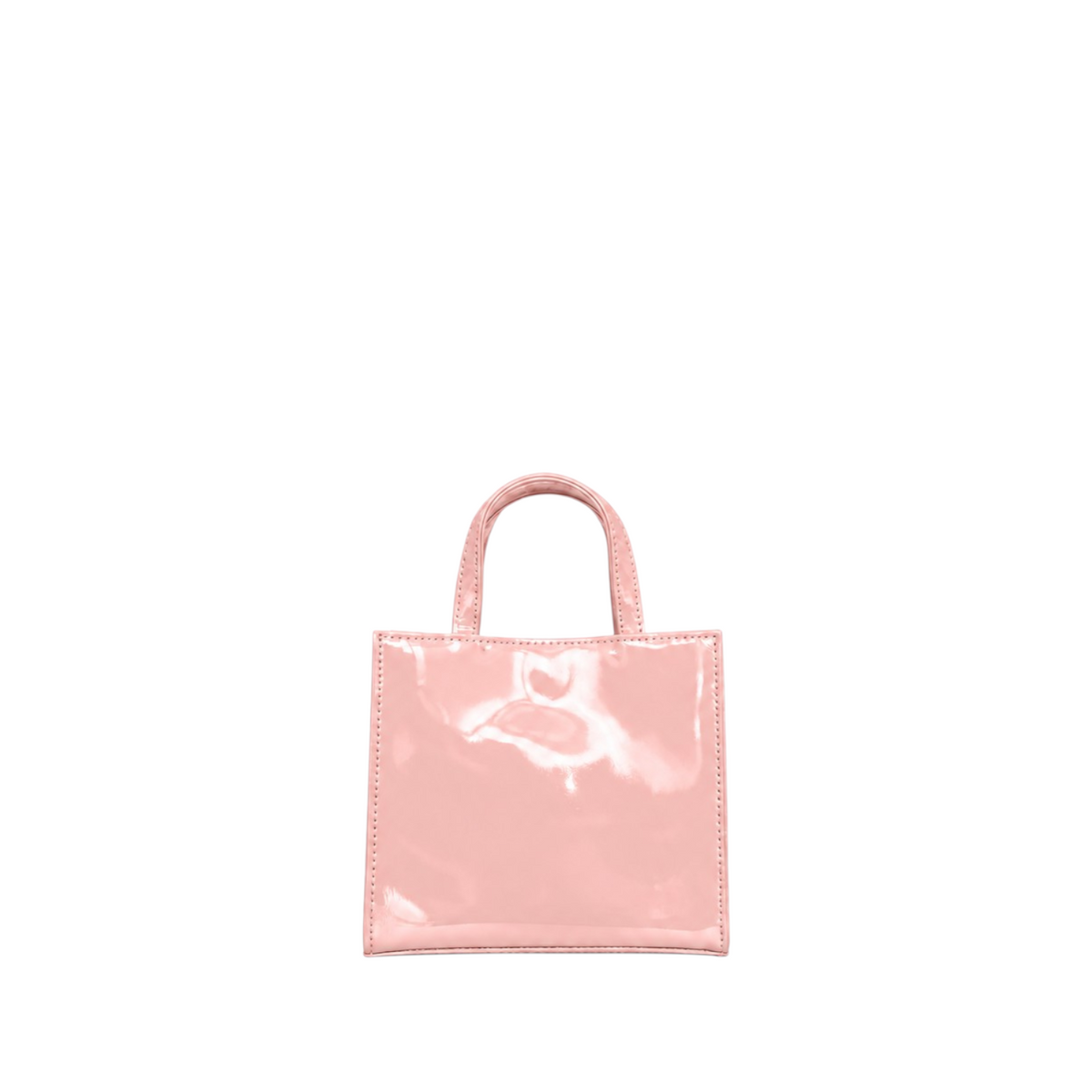 Shop Sarah Stewart Addie mini handbag in glossy light pink patent leather with a structured square silhouette.