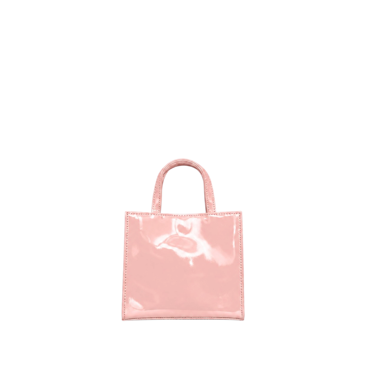 Shop Sarah Stewart Addie mini handbag in glossy light pink patent leather with a structured square silhouette.