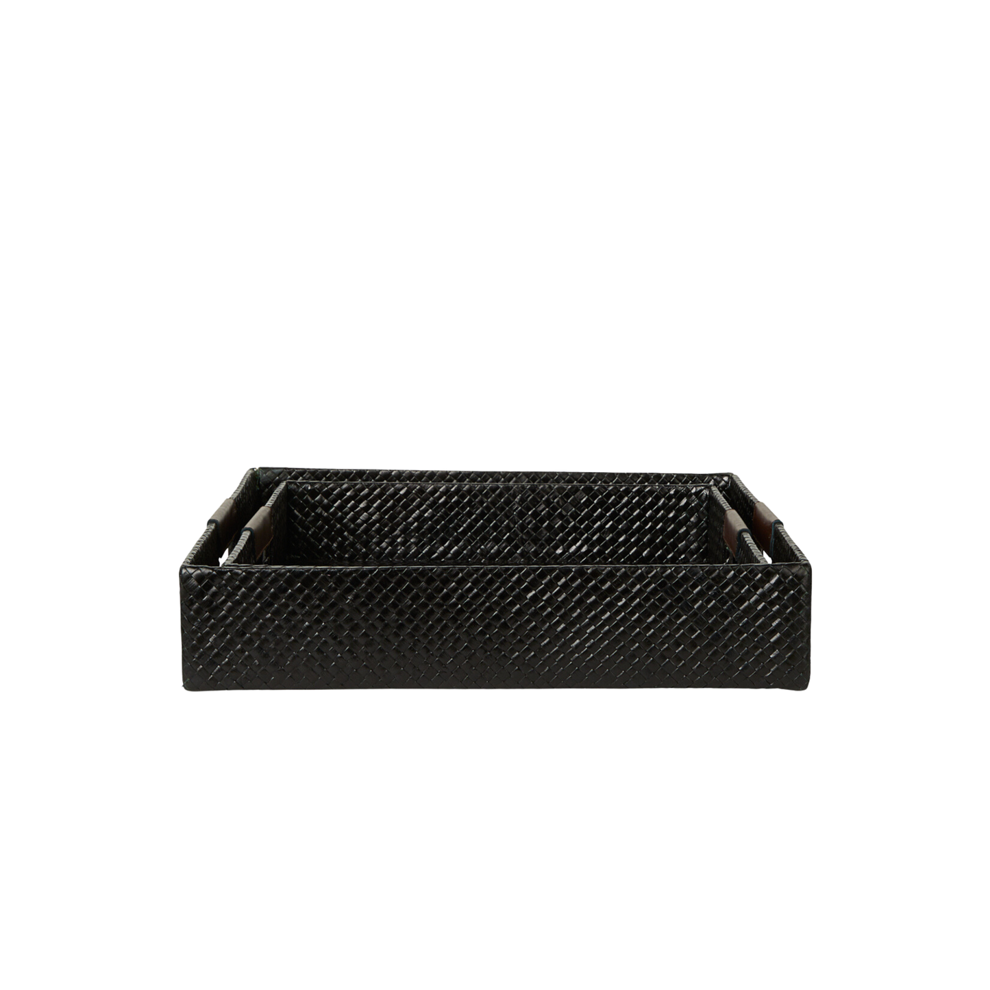 Hand Woven Decorative Trays with Leather Handles - Set of 2