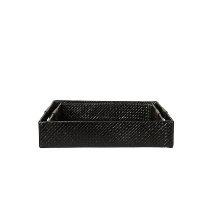 Hand Woven Decorative Trays with Leather Handles - Set of 2