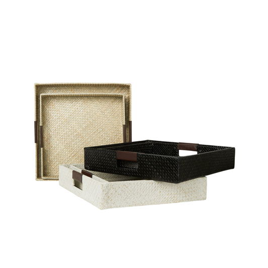 Hand Woven Decorative Trays with Leather Handles - Set of 2