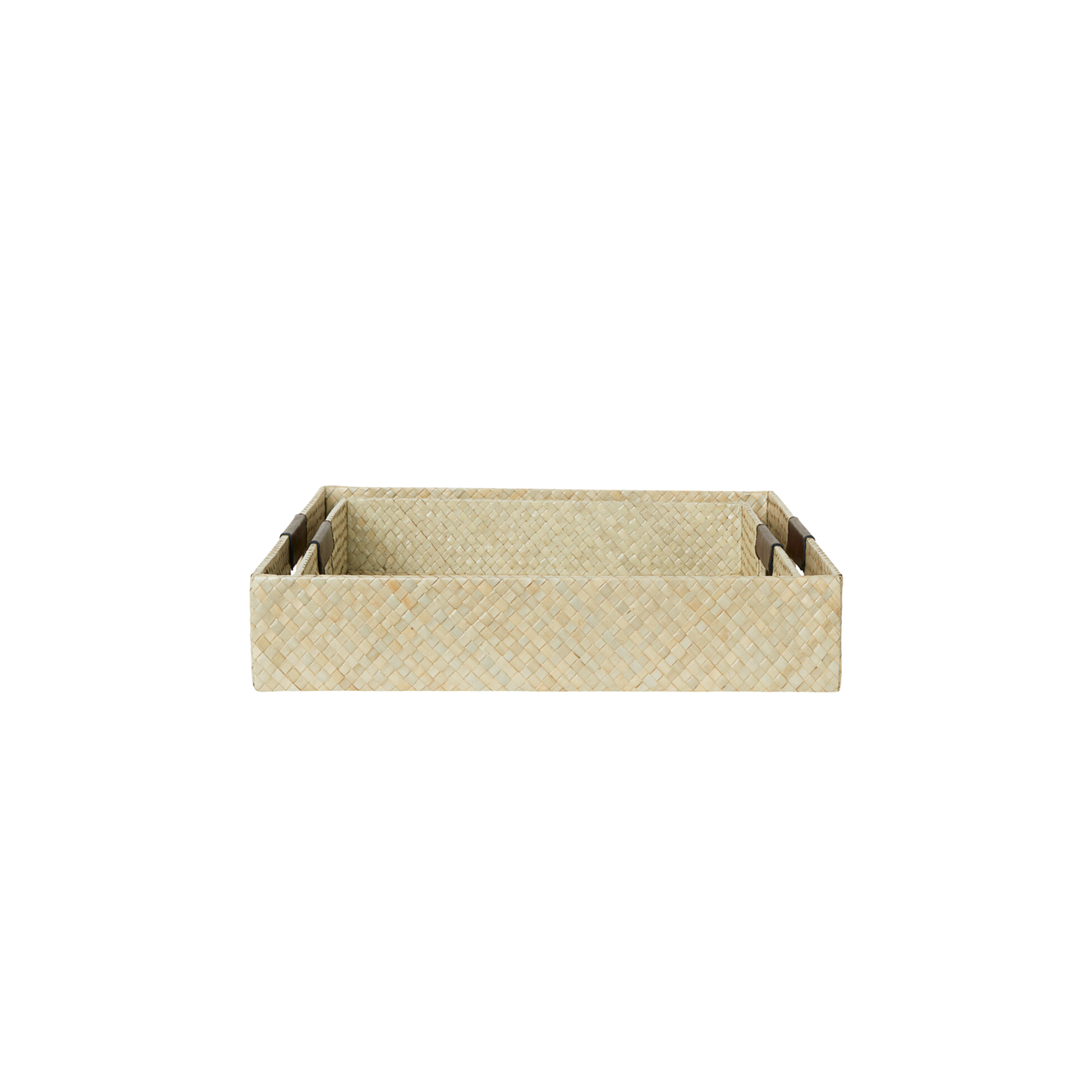 Hand Woven Decorative Trays with Leather Handles - Set of 2