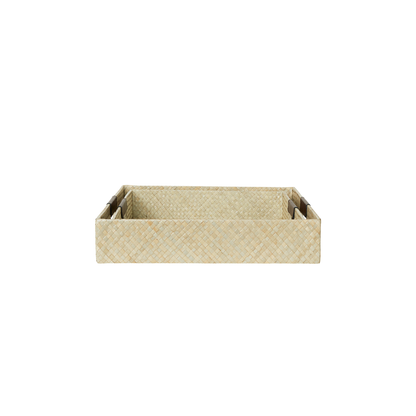 Hand Woven Decorative Trays with Leather Handles - Set of 2