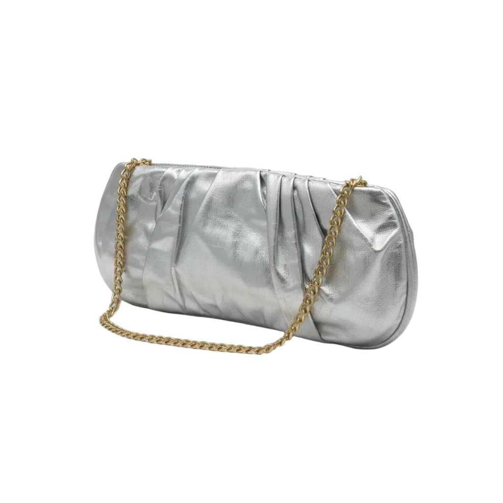 Silver leather metallic clutch bag with a gold chain 