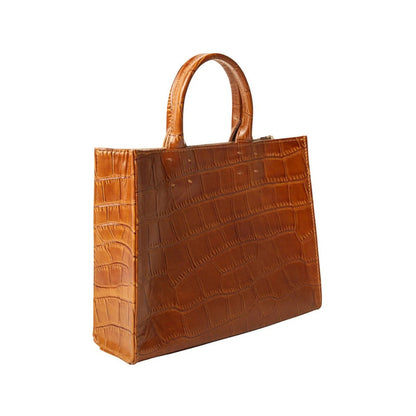 Shop Sarah Stewart Adelaide handbag in brown embossed goat skin leather with a structured croc-effect finish.
