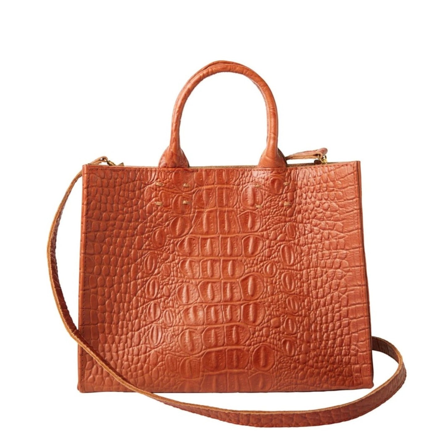 Shop Sarah Stewart Adelaide handbag in tan embossed goat skin leather with a detachable crossbody strap