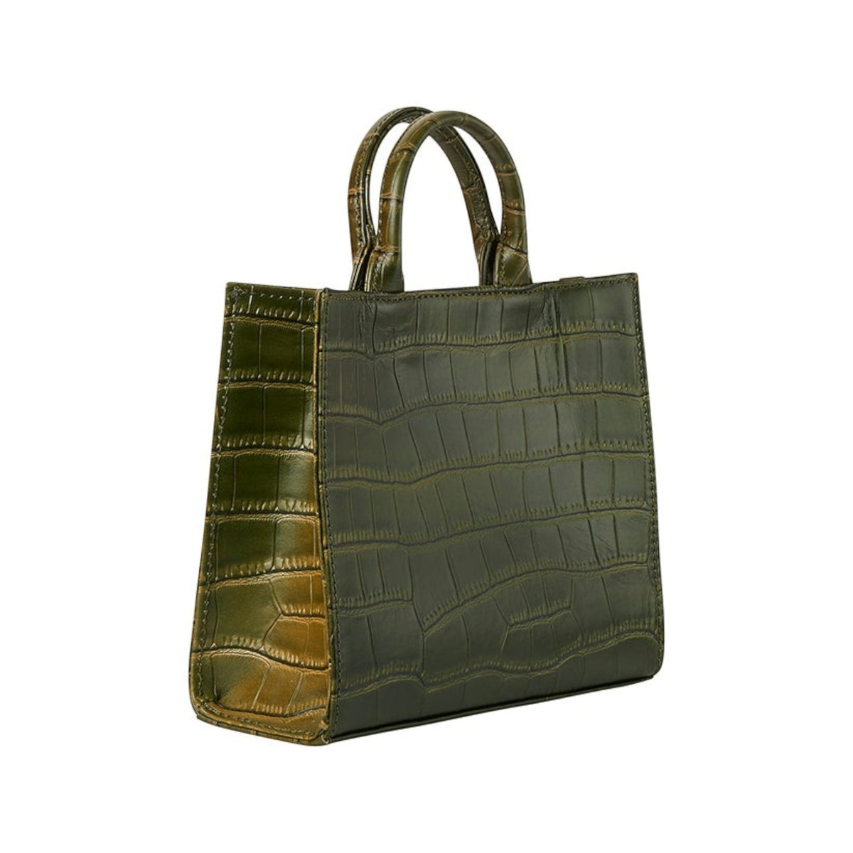 Shop Sarah Stewart Adelaide handbag in olive green embossed crocodile leather with dual top handles, side view.