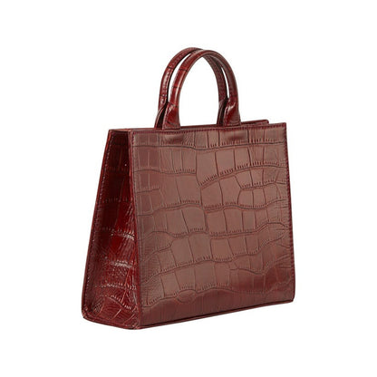 Shop Sarah Stewart Adelaide handbag in deep red embossed crocodile goat skin leather with dual top handles.