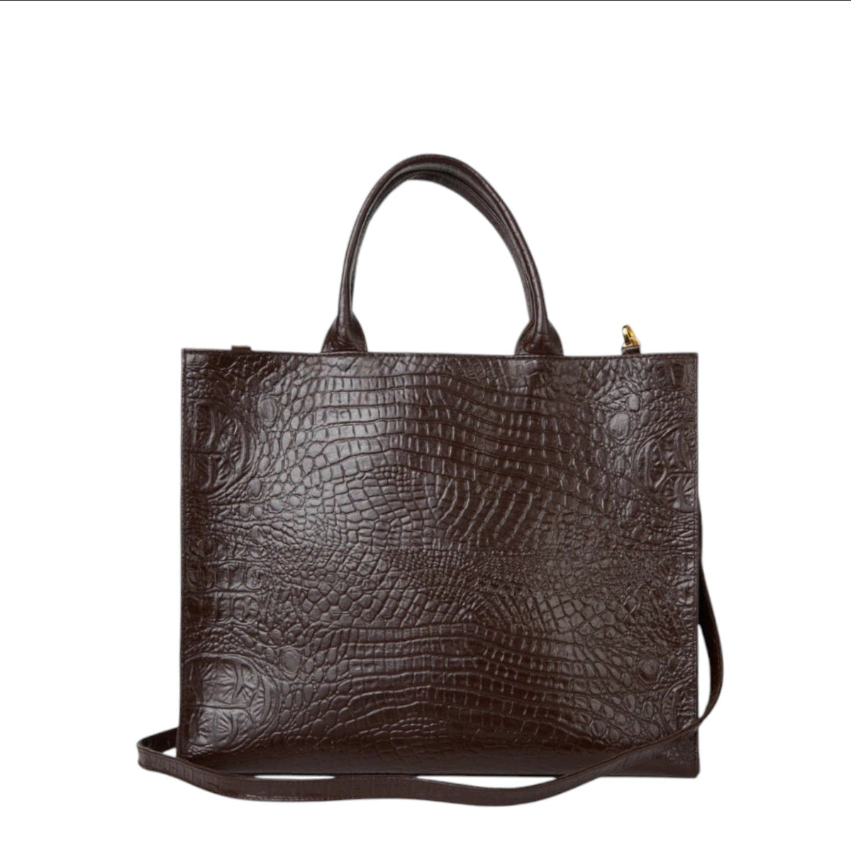 Shop Sarah Stewart Adele handbag in dark brown embossed croc lambskin leather with structured handles and strap.