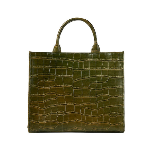 Shop Sarah Stewart Adele handbag in olive green embossed croc lambskin leather with a structured square silhouette.