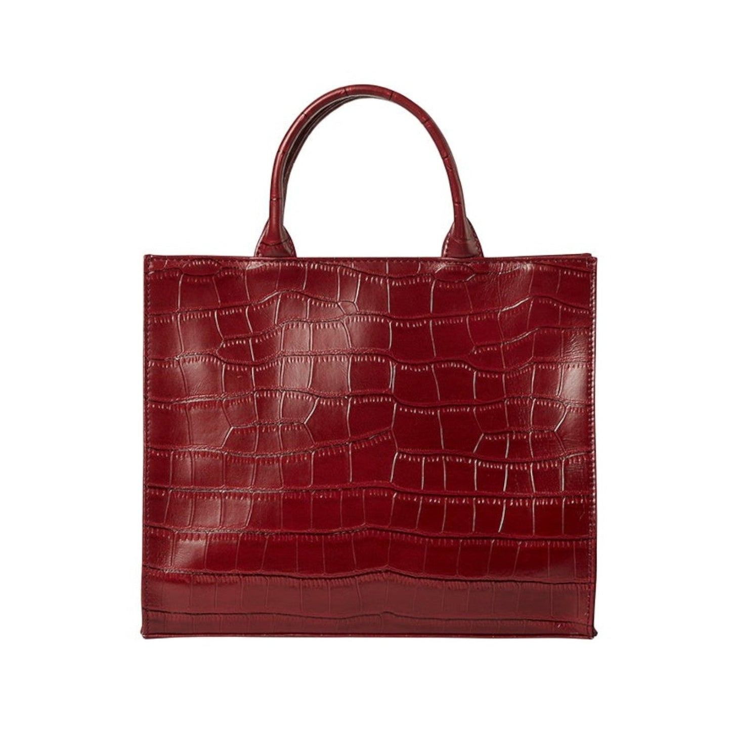 Shop Sarah Stewart Adele handbag in deep red embossed croc lambskin leather with a structured rectangular design.