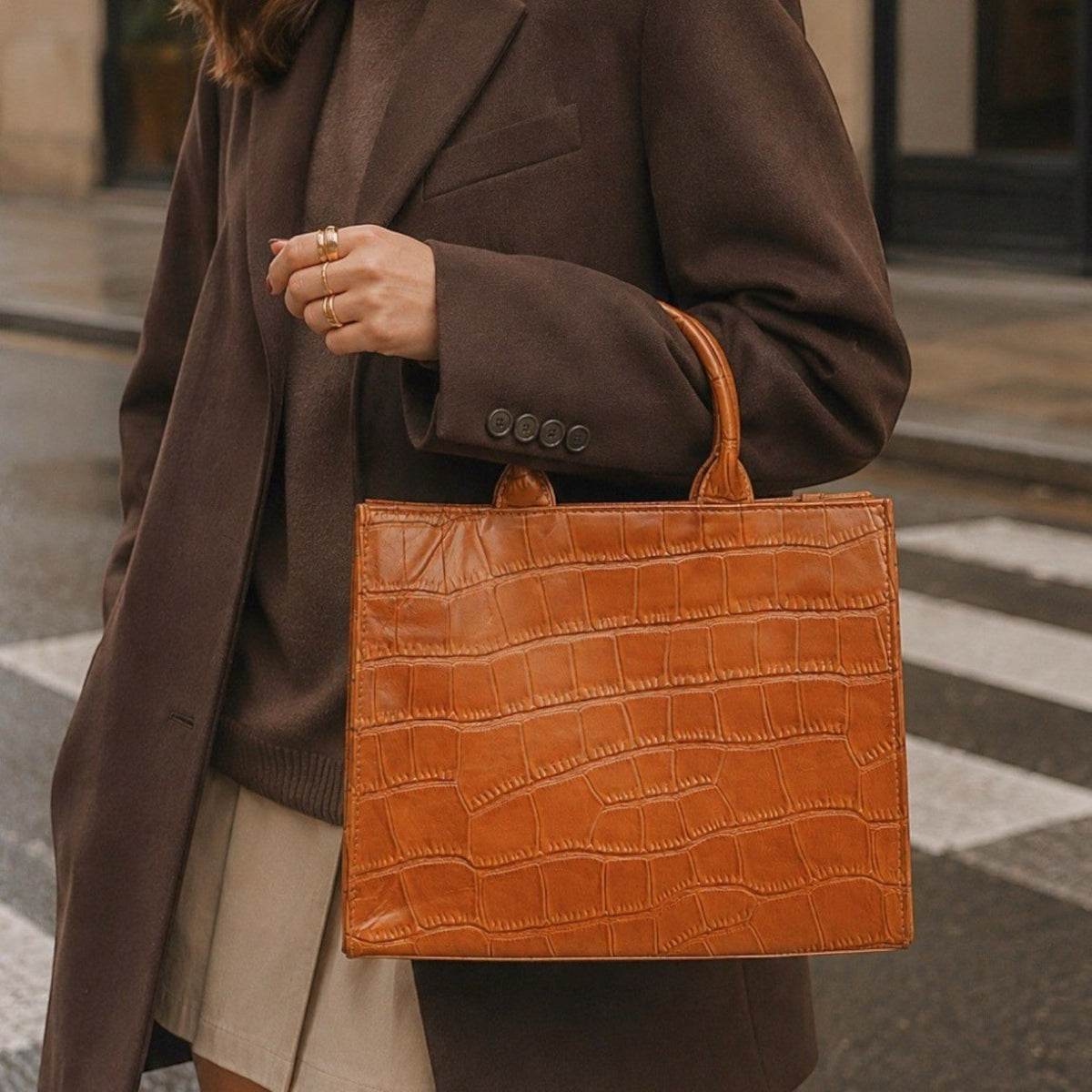Shop Sarah Stewart Adele handbag in tan croc-embossed lambskin leather with structured rectangular design