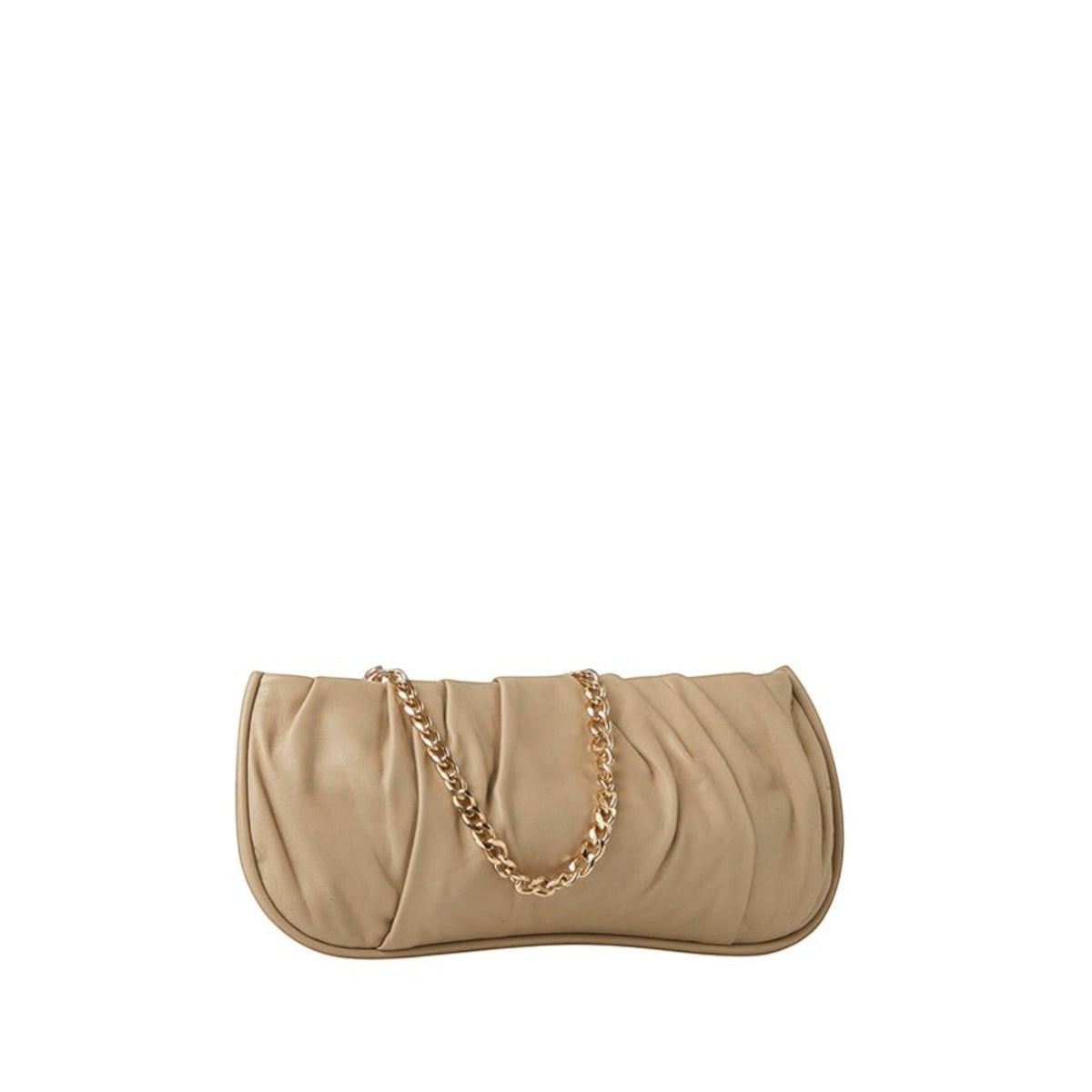 Shop Sarah Stewart Amina beige pleated lambskin leather clutch with a gold-tone chain strap on a white background.