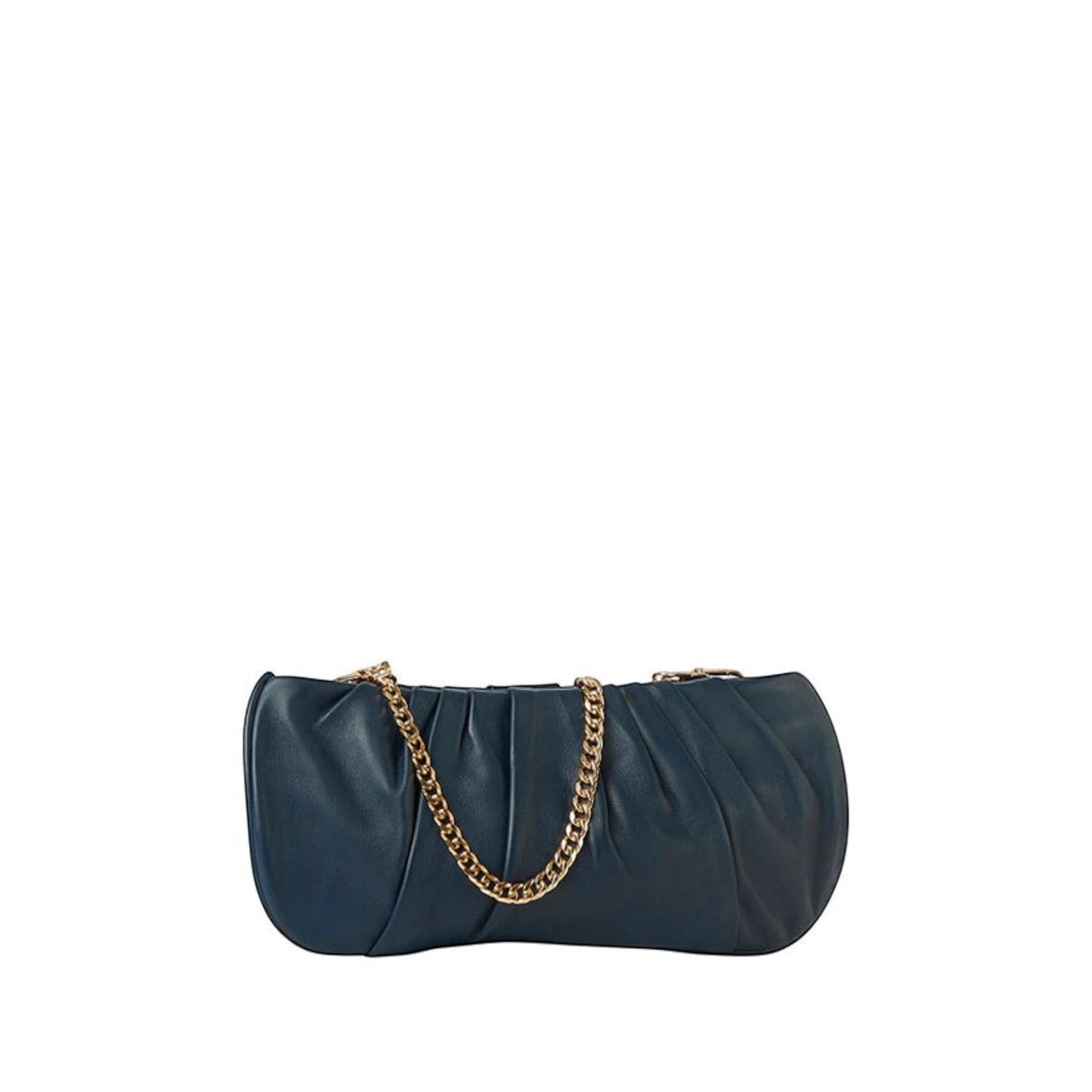 Shop Sarah Stewart Amina pleated navy lambskin leather clutch with a gold-tone chain strap for evening wear.