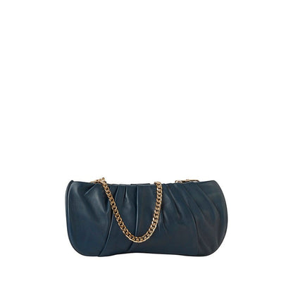 Shop Sarah Stewart Amina pleated navy lambskin leather clutch with a gold-tone chain strap for evening wear.