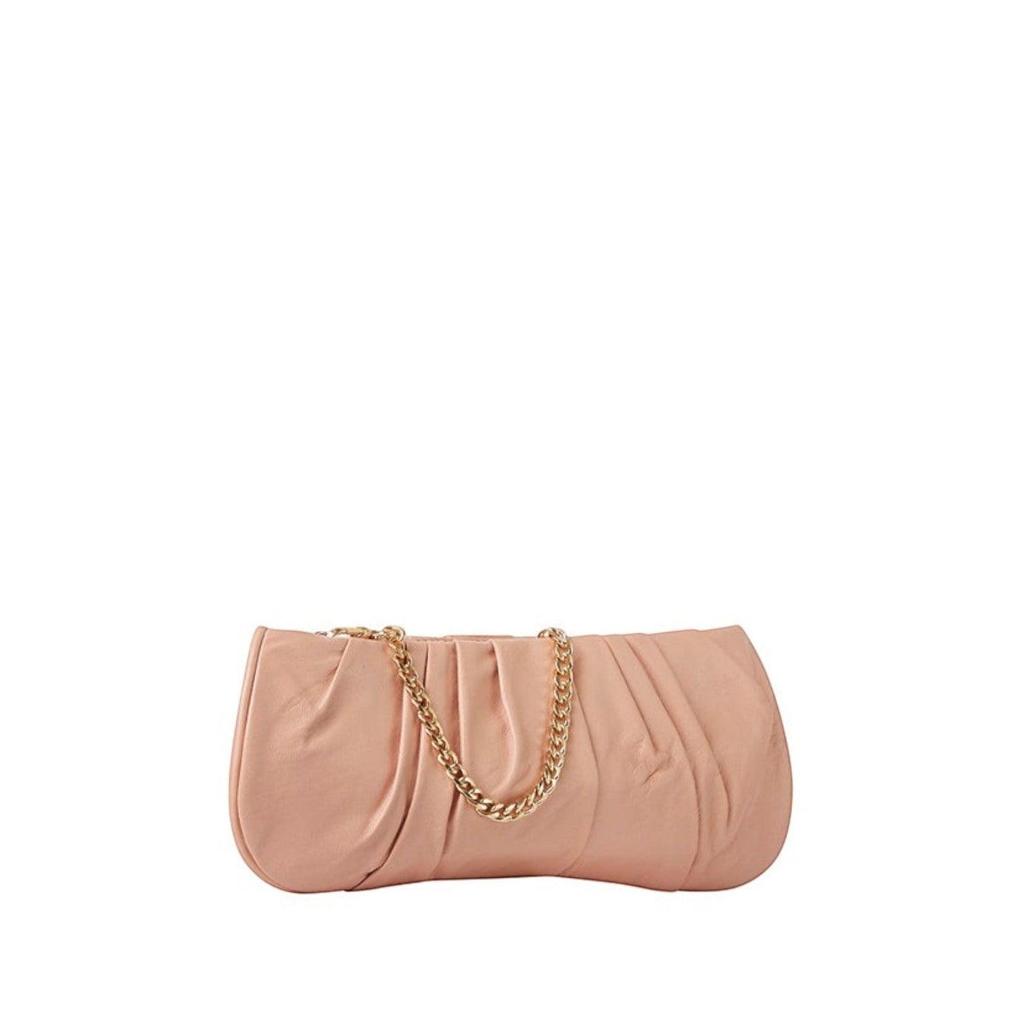 Shop Sarah Stewart Amina pleated pink lambskin leather clutch with a gold-tone chain strap on a white background.