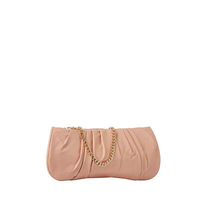Shop Sarah Stewart Amina pleated pink lambskin leather clutch with a gold-tone chain strap on a white background.