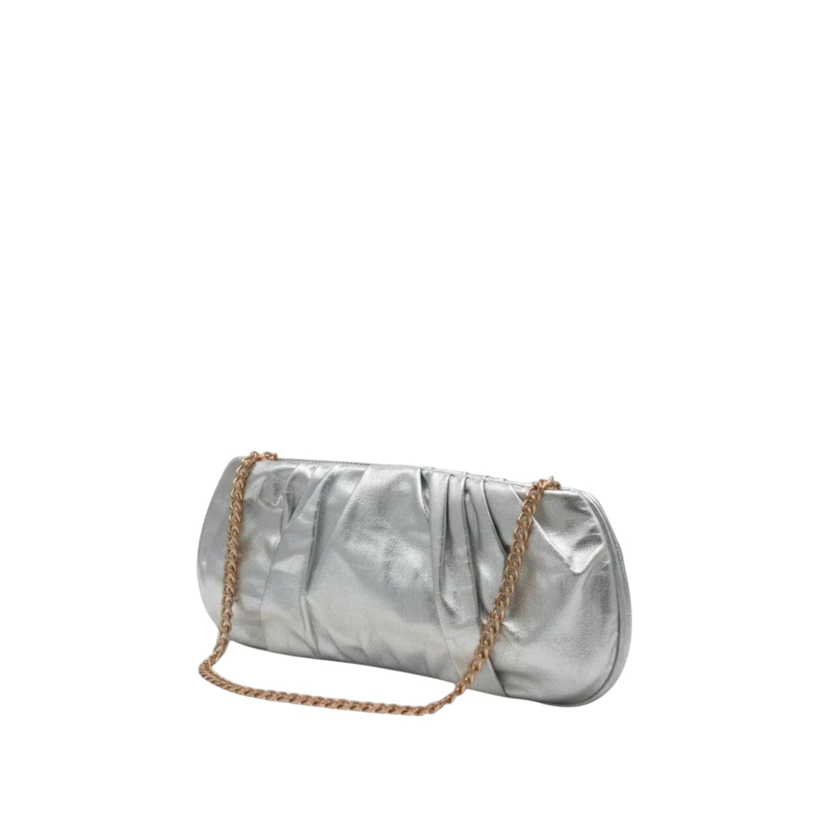 Shop Sarah Stewart Amina silver pleated lambskin leather clutch with a gold-tone chain strap on a white background