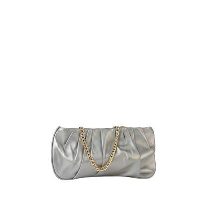 Shop Sarah Stewart Amina silver pleated lambskin leather evening clutch with a gold-tone chain shoulder strap