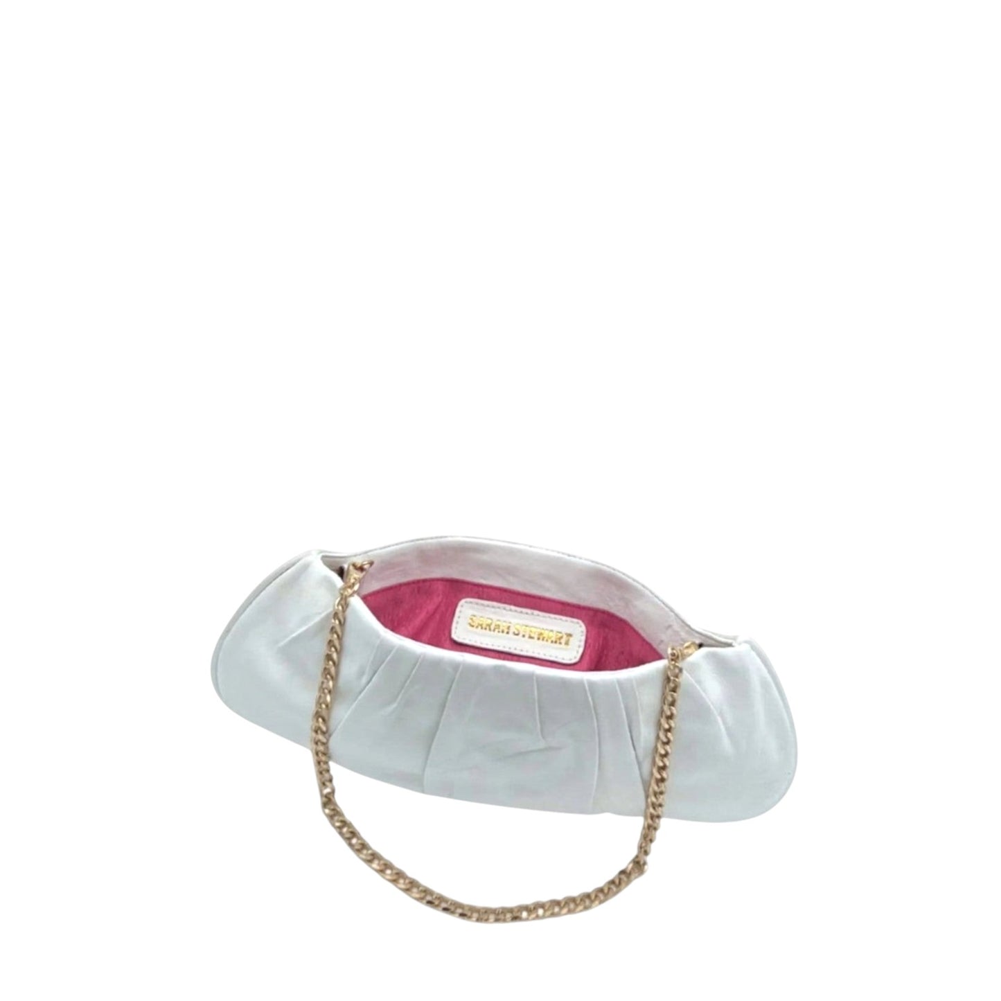 Shop Sarah Stewart Amina white pleated lambskin leather clutch with gold chain strap and pink taffeta interior lining