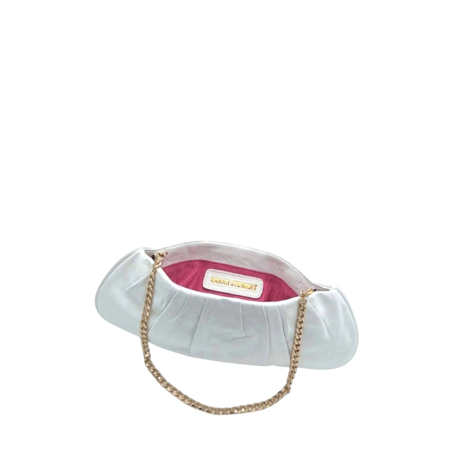 Shop Sarah Stewart Amina white pleated lambskin leather clutch with gold chain strap and pink taffeta interior lining
