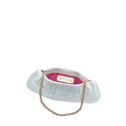 Shop Sarah Stewart Amina white pleated lambskin leather clutch with gold chain strap and pink taffeta interior lining