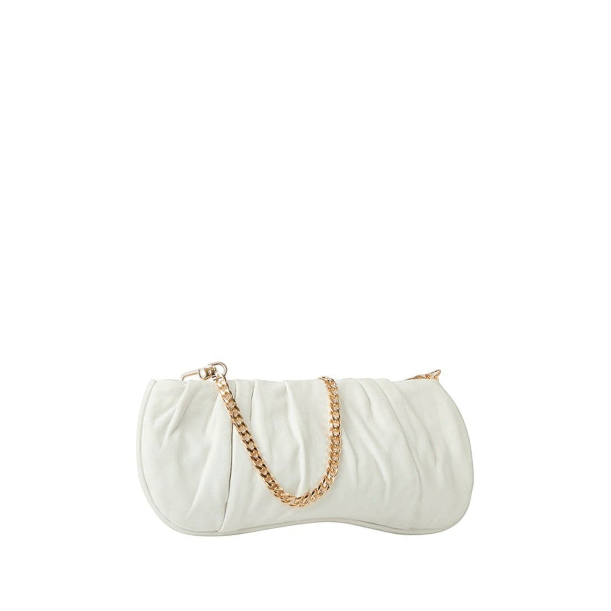Shop Sarah Stewart Amina white pleated lambskin leather clutch with a gold-tone chain strap on a white background.