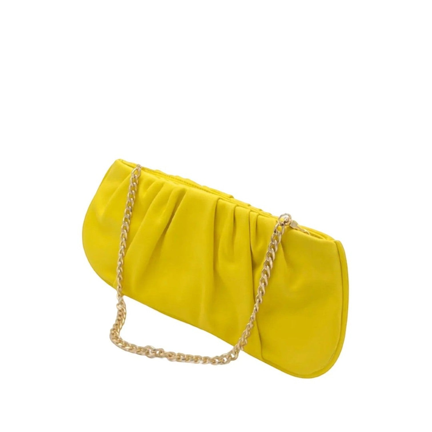Shop Sarah Stewart Amina yellow pleated lambskin leather clutch with a gold-tone chain strap on a white background