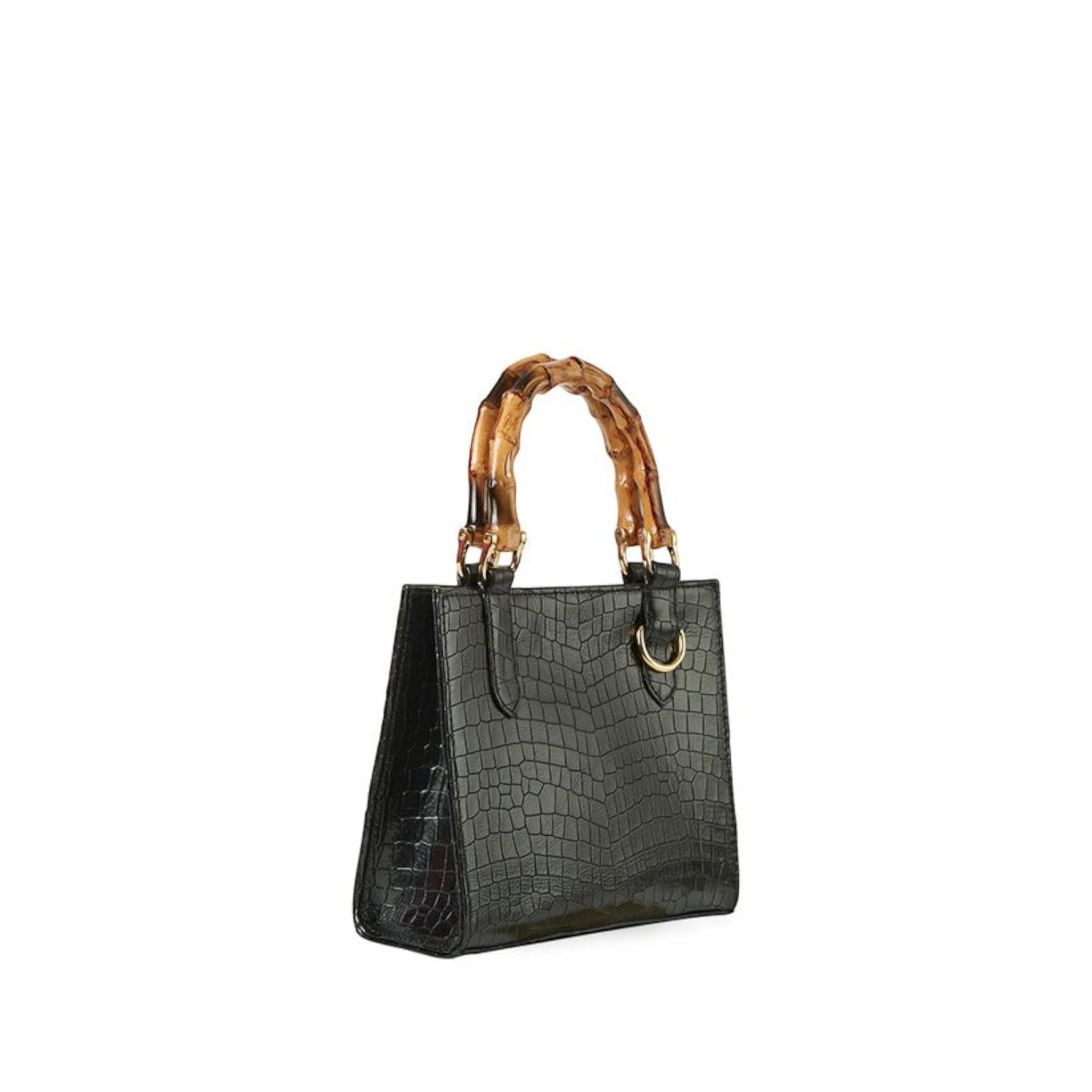 Shop Sarah Stewart Clara mini handbag in black goat skin with bamboo handles and gold hardware details.
