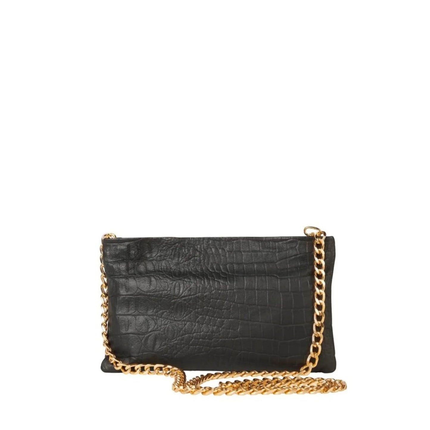 Shop Sarah Stewart black lambskin leather Penelope croc-embossed clutch with gold chain strap