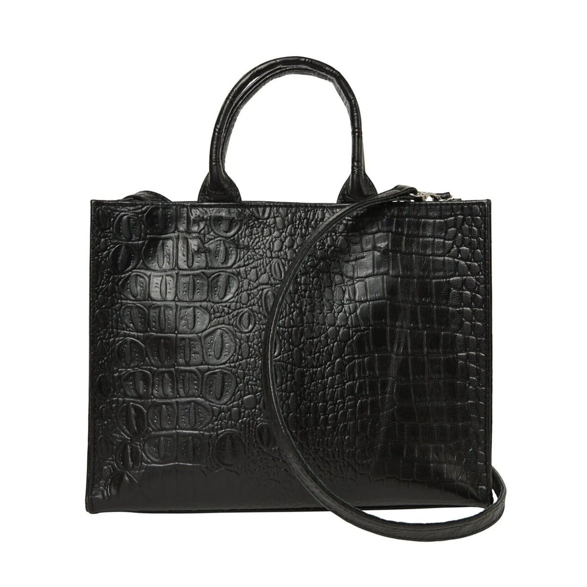 Shop Sarah Stewart black embossed goat skin leather Adelaide handbag with a detachable crossbody strap