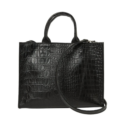 Shop Sarah Stewart black embossed goat skin leather Adelaide handbag with a detachable crossbody strap