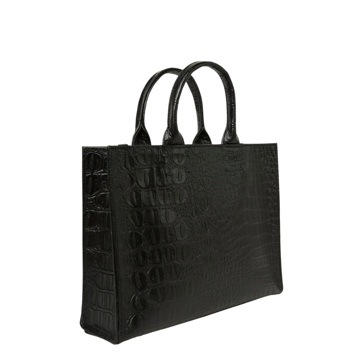 Shop Sarah Stewart Adelaide black embossed goat skin leather handbag with crocodile texture and dual top handles