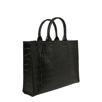 Shop Sarah Stewart Adelaide black embossed goat skin leather handbag with crocodile texture and dual top handles