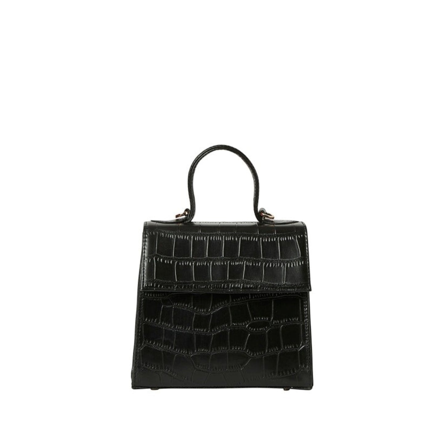 Shop Sarah Stewart black goat skin leather handbag with crocodile pattern and gold hardware details