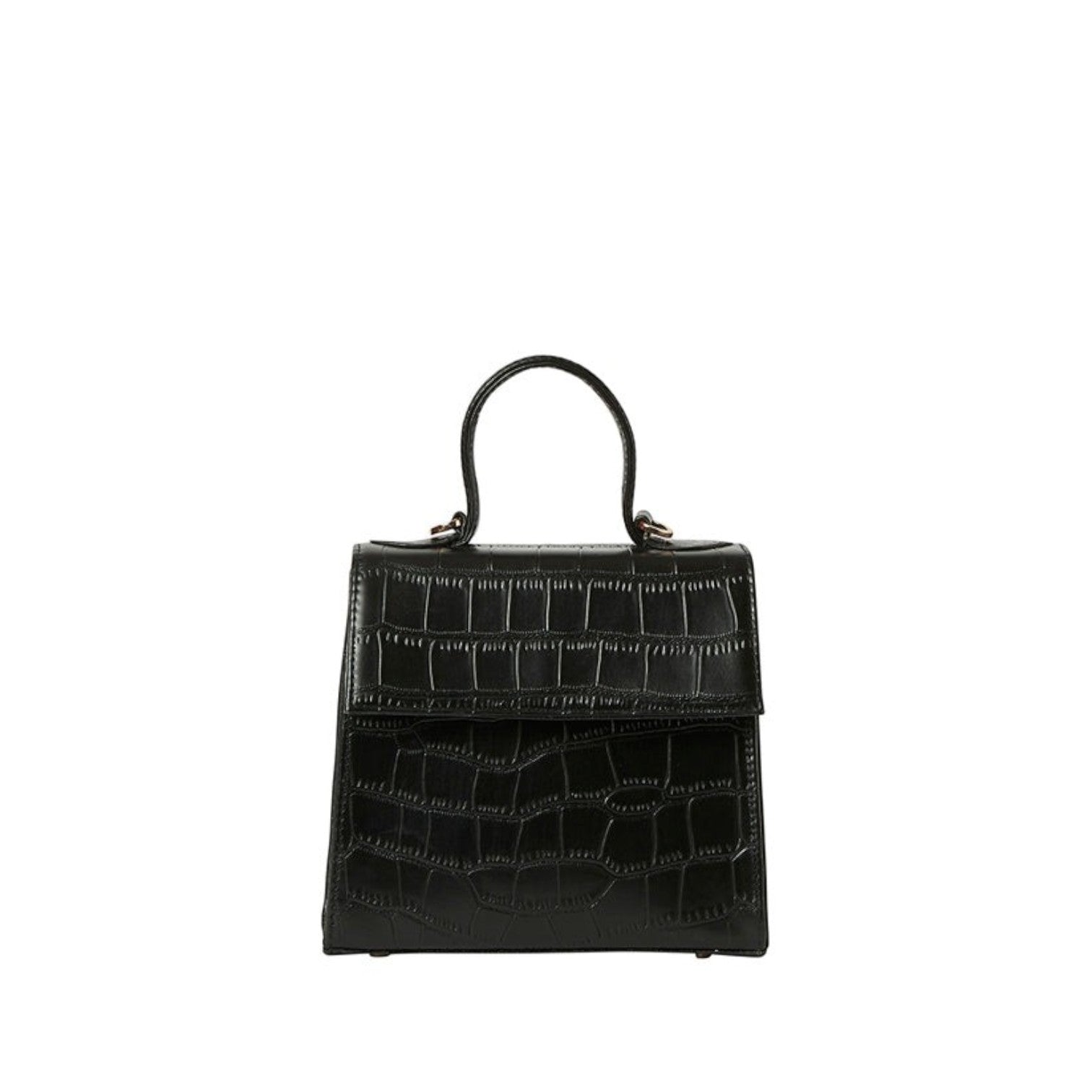 Shop Sarah Stewart black goat skin leather handbag with crocodile pattern and gold hardware details