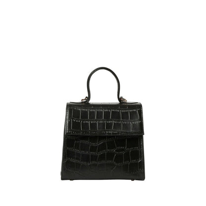 Shop Sarah Stewart black goat skin leather handbag with crocodile pattern and gold hardware details
