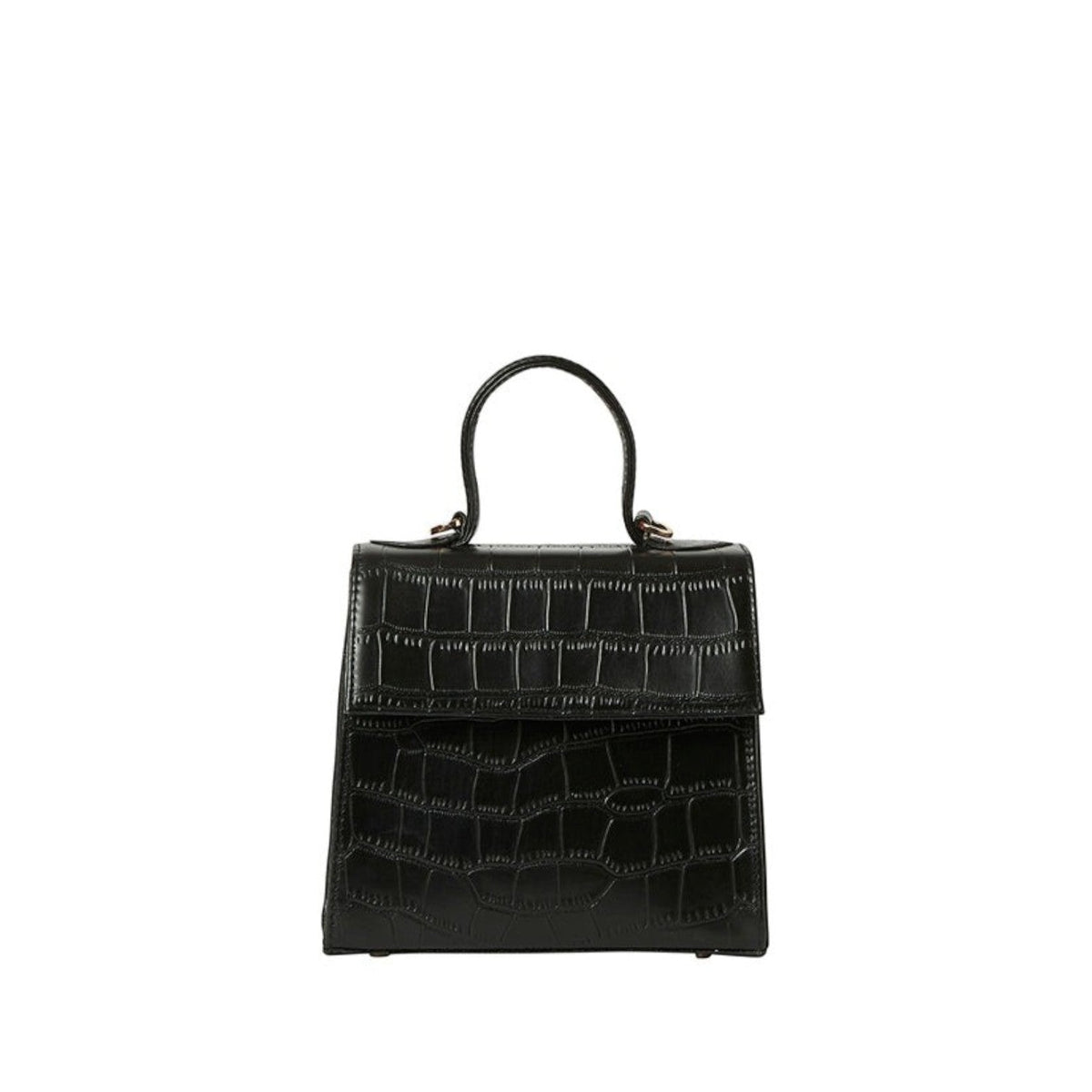 Shop Sarah Stewart black goat skin leather handbag with crocodile pattern and gold hardware details