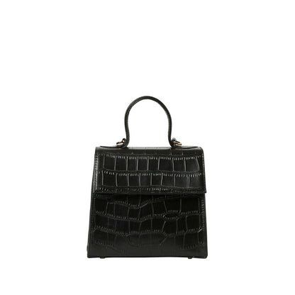 Shop Sarah Stewart black goat skin leather handbag with crocodile pattern and gold hardware details