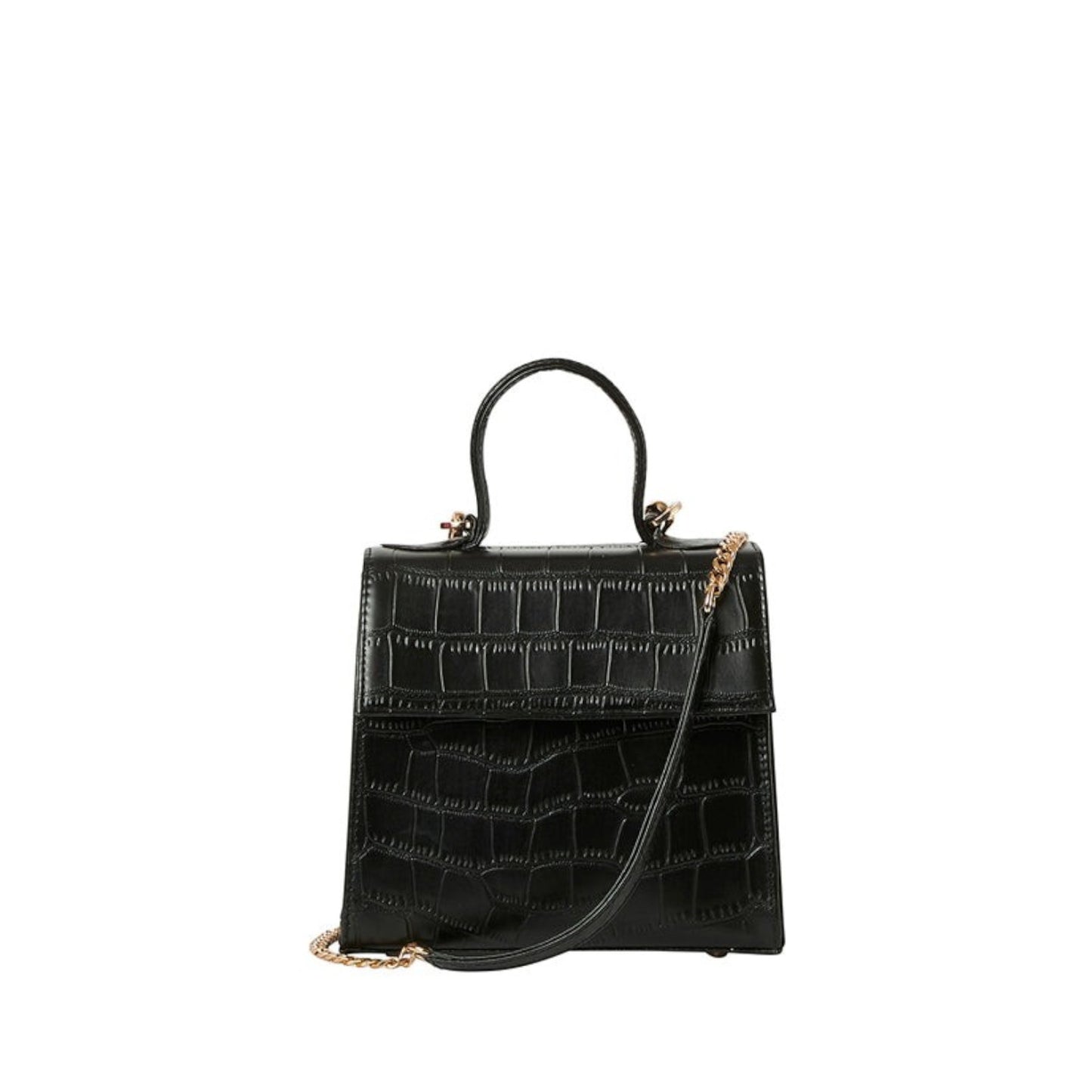 Shop Sarah Stewart The Robin black goat skin leather handbag with crocodile pattern and gold hardware details.