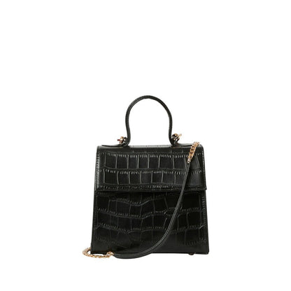 Shop Sarah Stewart The Robin black goat skin leather handbag with crocodile pattern and gold hardware details.