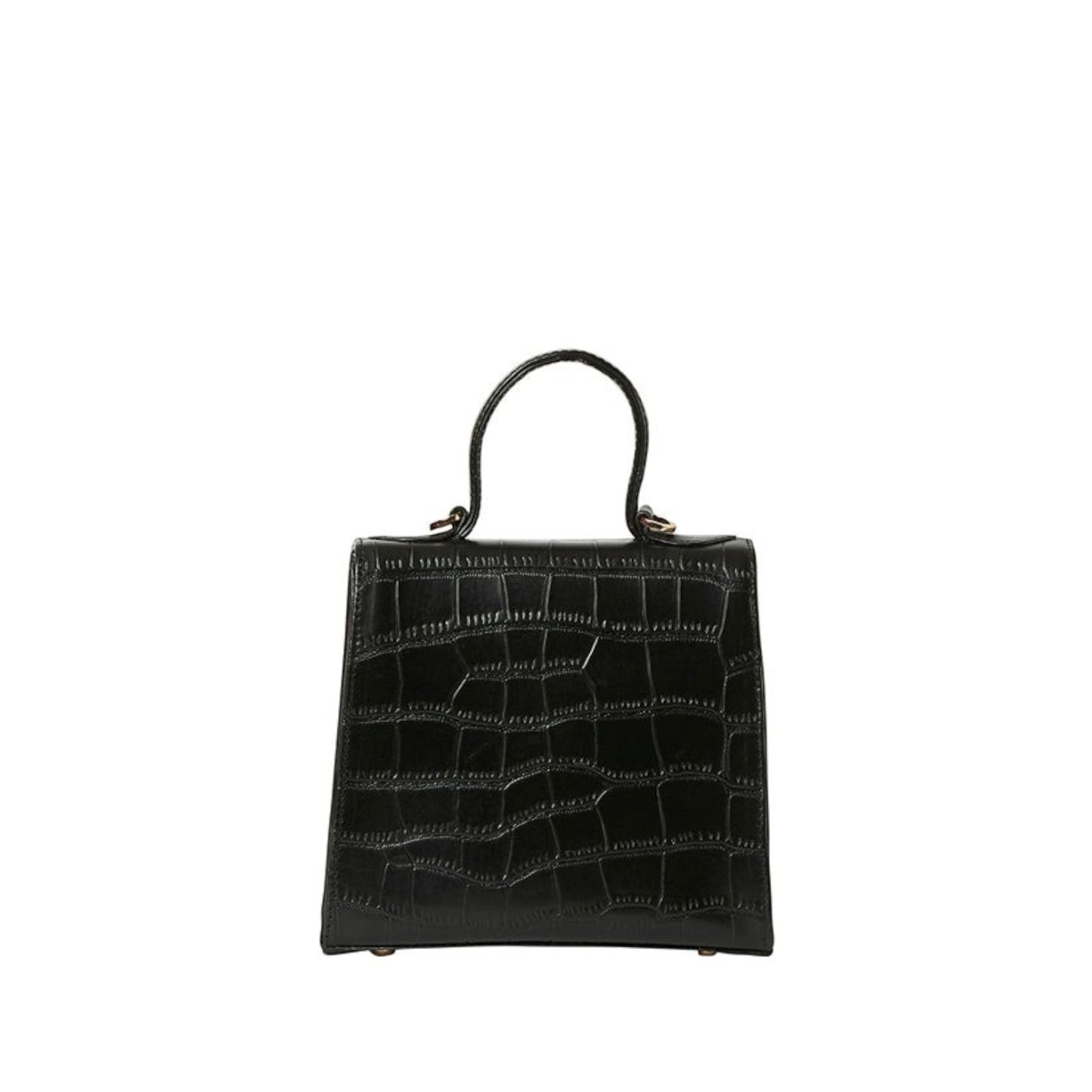 Shop Sarah Stewart The Robin black goat skin leather handbag with crocodile pattern and gold hardware.