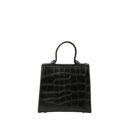 Shop Sarah Stewart The Robin black goat skin leather handbag with crocodile pattern and gold hardware.