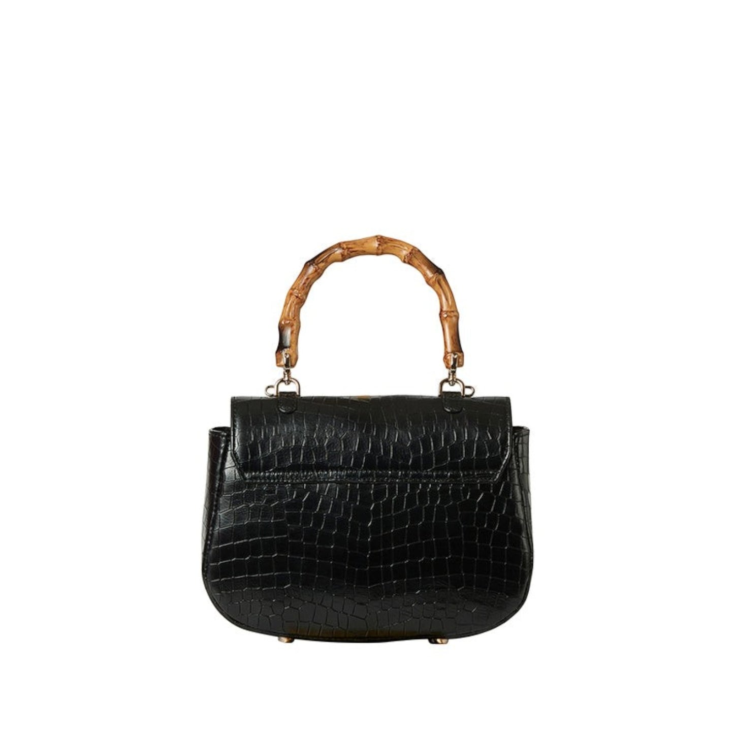 Shop Sarah Stewart Chloe black embossed goat skin suede handbag with a bamboo handle and gold closure